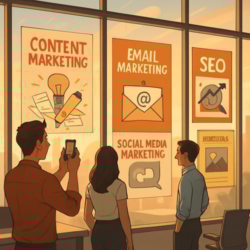 A social mediafriendly image of a modern office environment with one wall of floor to ceiling windows On the windows there are five posters displayed depicting vague mentions of different kinds of marketing and images There are two men and a woman lo