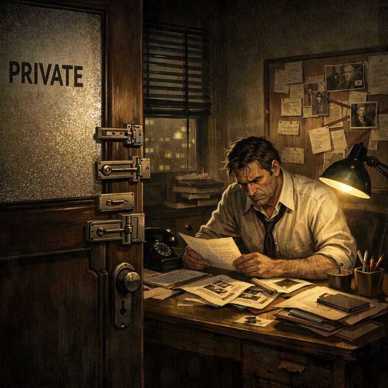 An animated film noirlike image of a detective searching for information in a private office with Private written on the glass of of a door with multp-2 An animated film noirlike image of a detective searching for information in a private office with Private written on the glass of of a door with multp-2