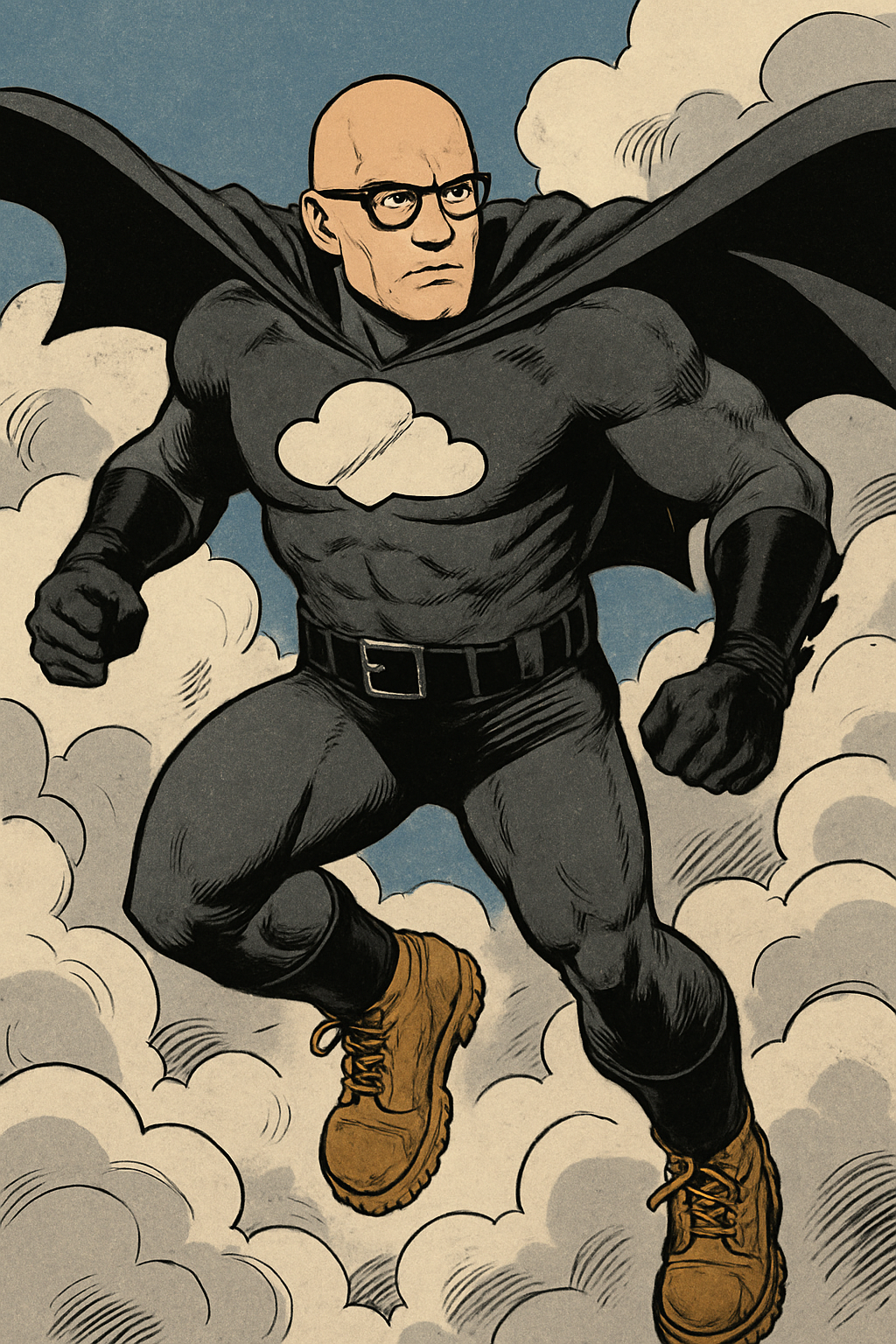 Comic book style superhero resembling Batman with a black grey and white outfit that is bald with black framed glasses among clouds wearing co