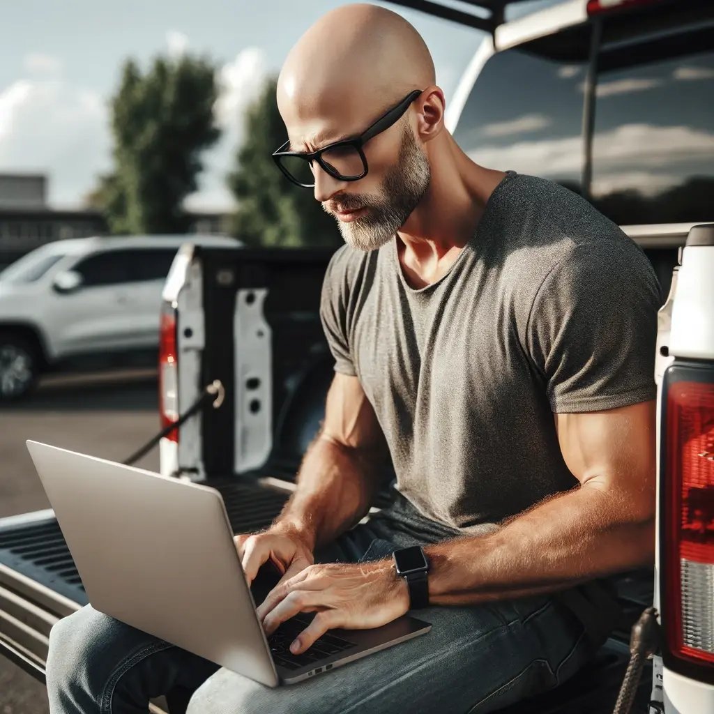 A clean-shaven bald white man wearing black rimmed glasses is leaning on the tailgate of a pickup truck, typing on a laptop. The scene is outdoors, po