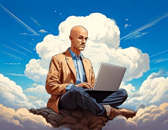 Firefly_Create a cartoonish graphic of a bald man on a laptop sitting on a cloud in a blue sk 418420