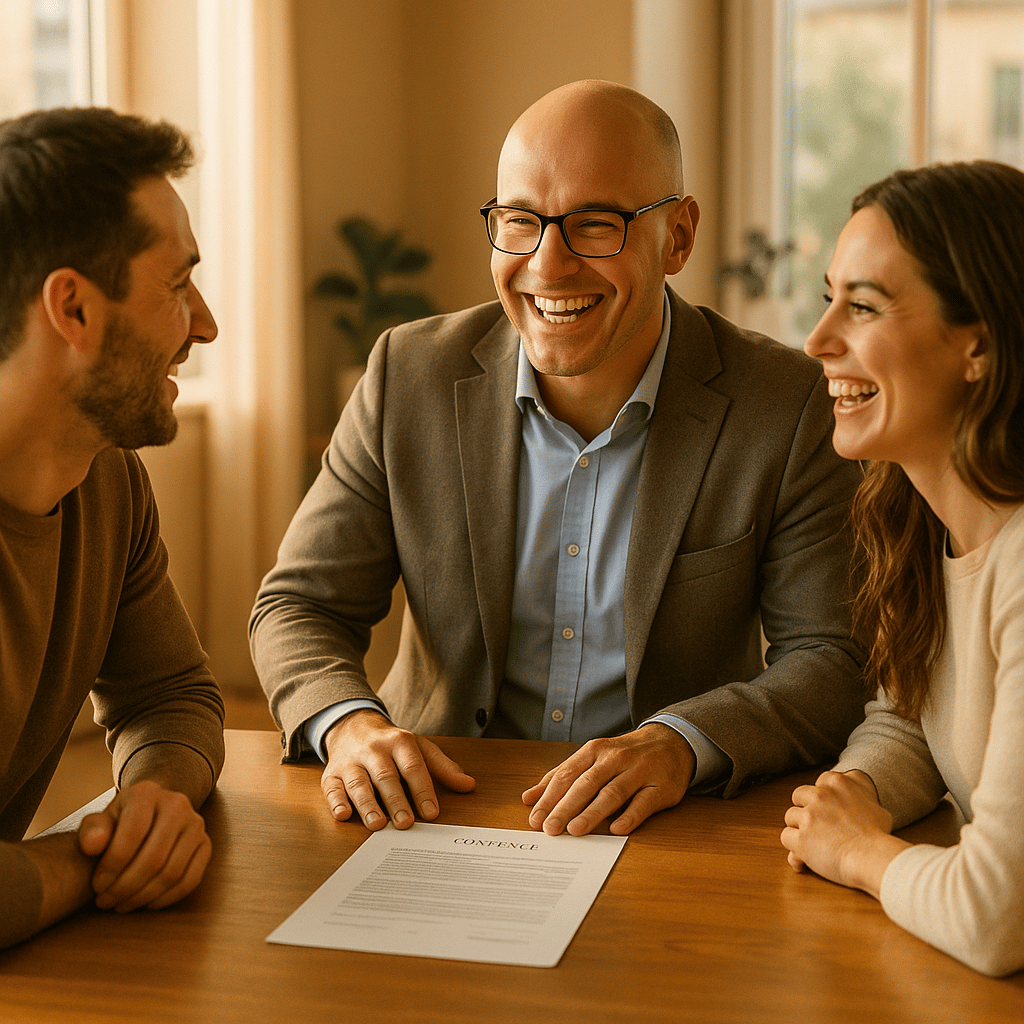 In a bright sunlit office a bald salesman wearing black rimmed glasses exudes warmth and enthusiasm as he leans forward engaging with a male and female client seated across a polished wooden table His smile radiat
